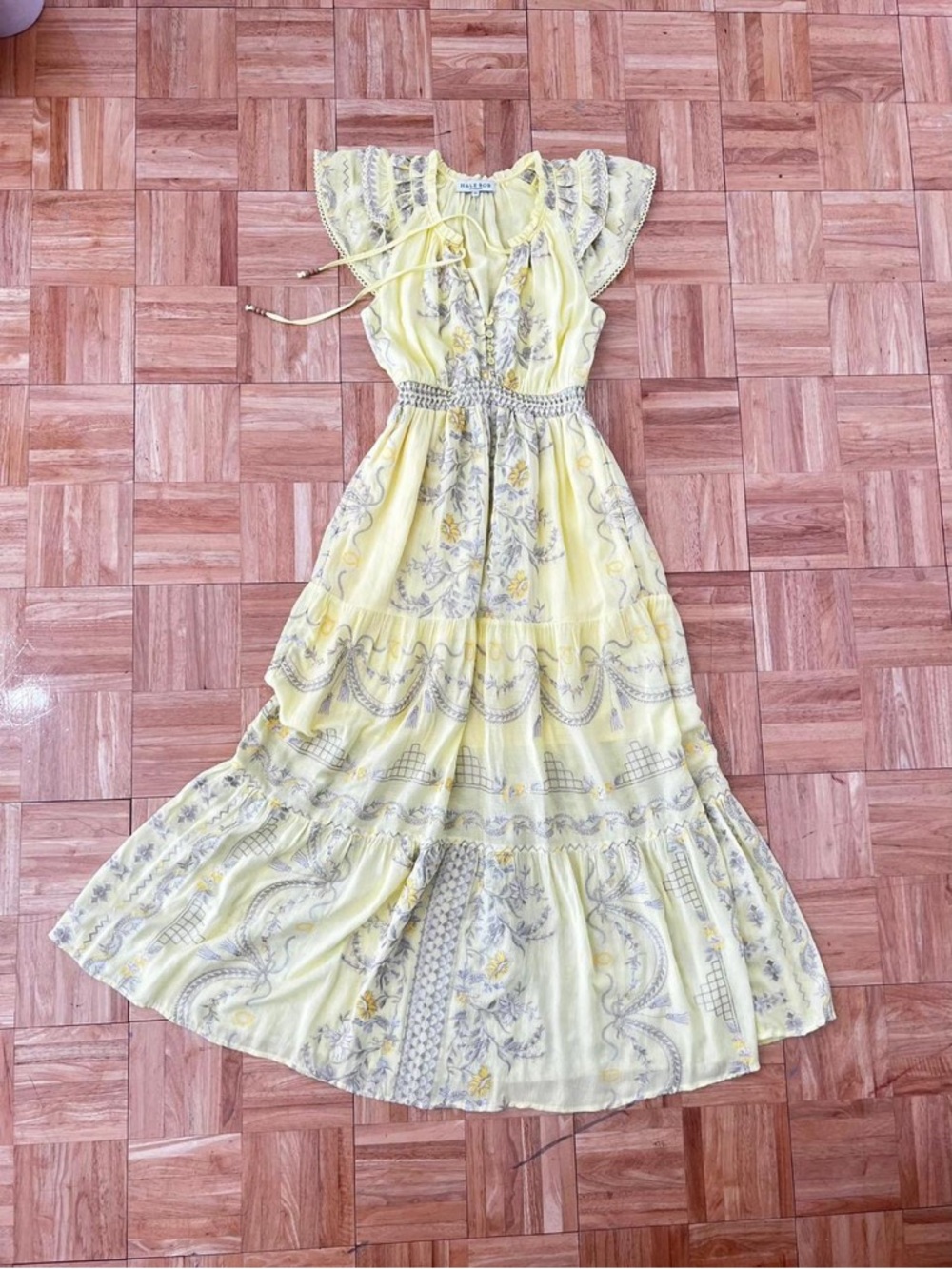Butter Yellow Hale Bob Embroidered Maxi Dress Bohemian Boho Chic Romantic XS - Picture 6 of 7